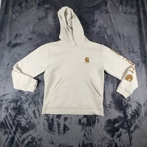 Carhartt Hoodie Sweatshirt Kids L 14-16 Cream Graphic Sleeve Pullover